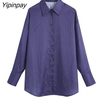 Yipinpay 2023 Spring Autumn Women Printed Blouses Shirt Causal Turn Down Collar Long Sleeved Thin Tops Single Breasted T-Shirts